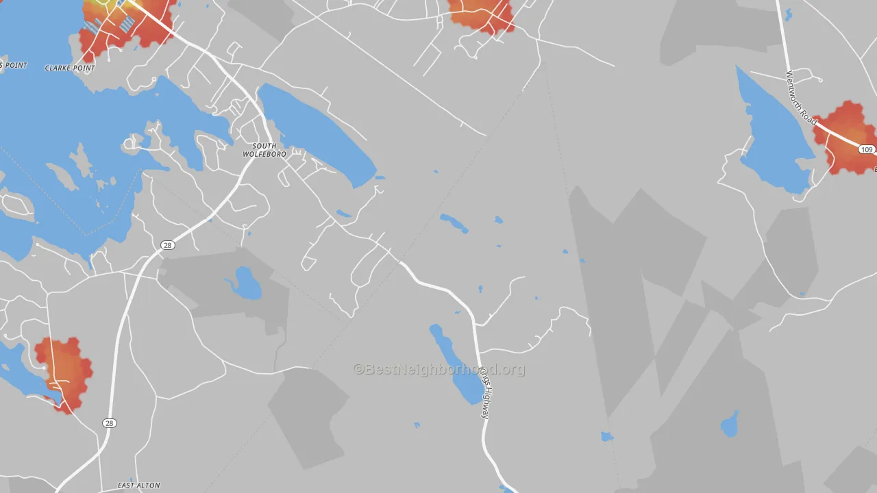 Walk Grade map of South Wolfeboro, NH, walkable areas in green and car-dependent areas in red