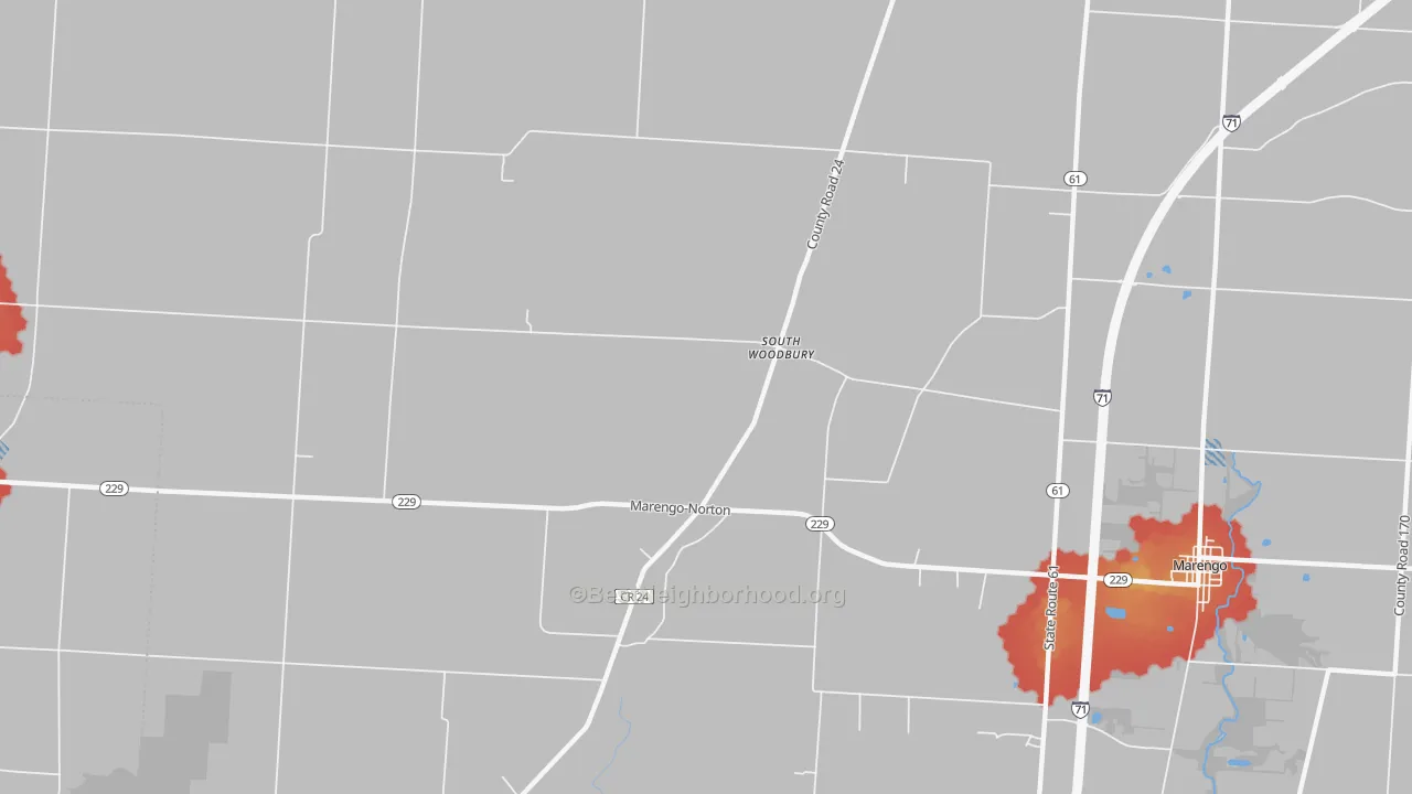 Walk Grade map of South Woodbury, OH, walkable areas in green and car-dependent areas in red