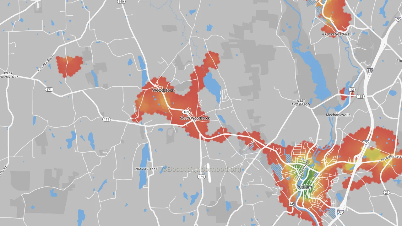 Walk Grade map of South Woodstock, CT, walkable areas in green and car-dependent areas in red