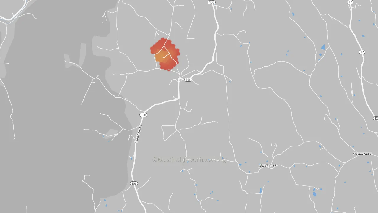 Walk Grade map of South Woodstock, VT, walkable areas in green and car-dependent areas in red