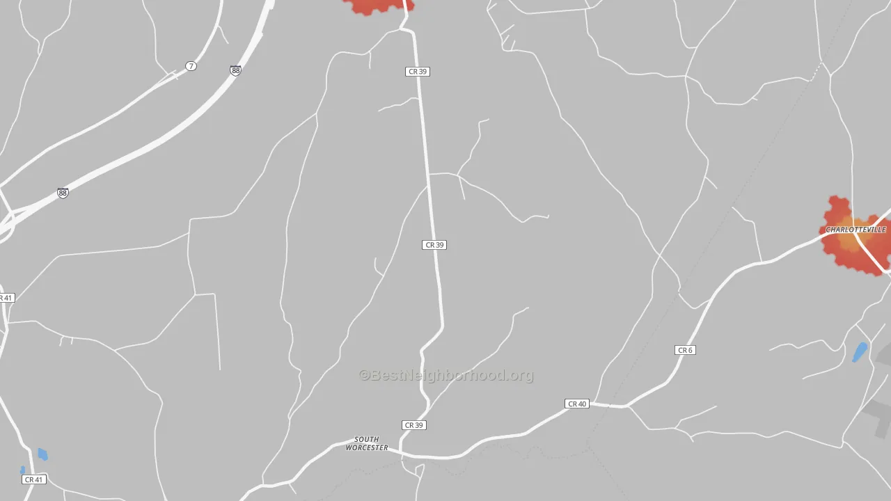 Walk Grade map of South Worcester, NY, walkable areas in green and car-dependent areas in red