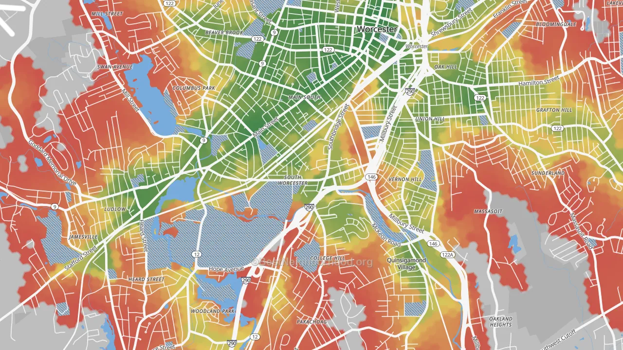 Walk Grade map of South Worcester, Worcester, MA, walkable areas in green and car-dependent areas in red