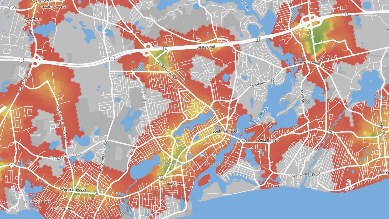 Walk Grade map of South Yarmouth, MA, walkable areas in green and car-dependent areas in red