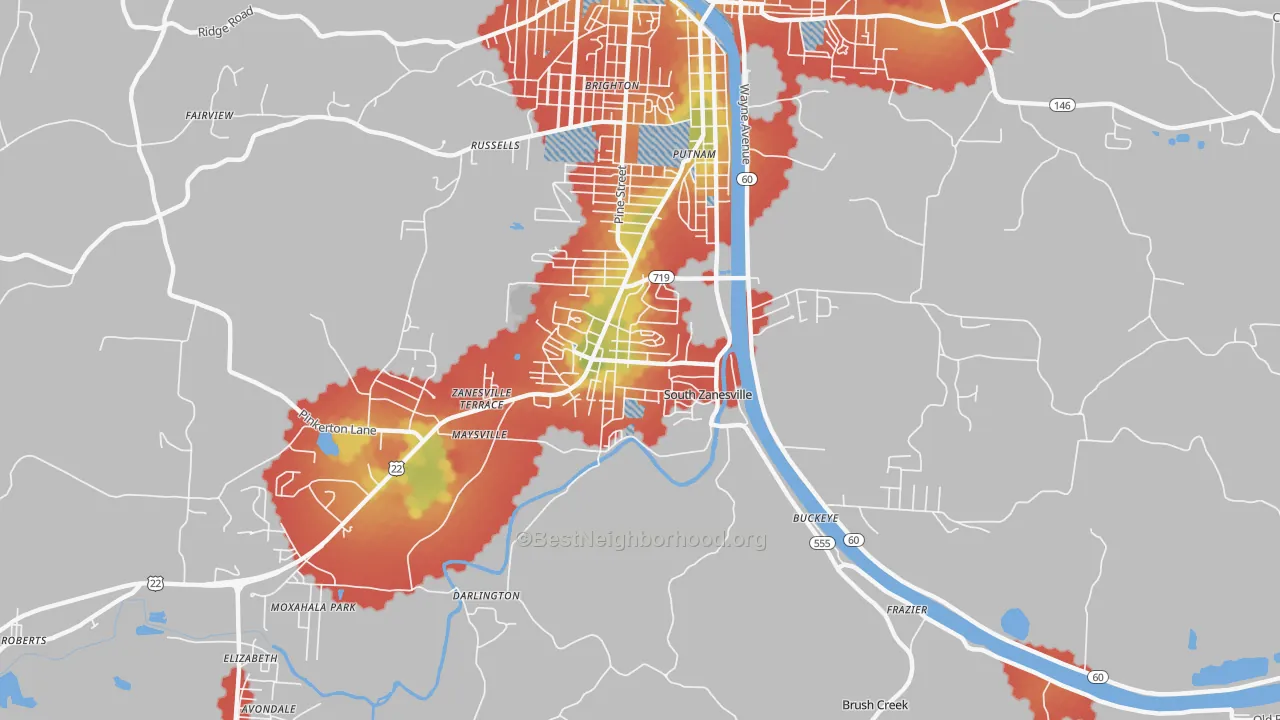 Walk Grade map of South Zanesville, OH, walkable areas in green and car-dependent areas in red