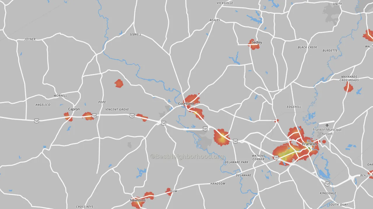Walk Grade map of Southampton County, VA, walkable areas in green and car-dependent areas in red
