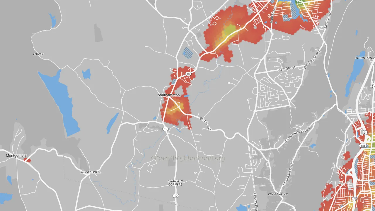 Walk Grade map of Southampton, MA, walkable areas in green and car-dependent areas in red