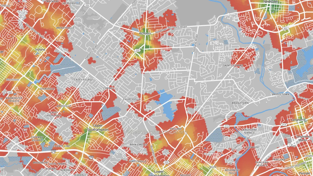 Walk Grade map of Southampton, PA, walkable areas in green and car-dependent areas in red