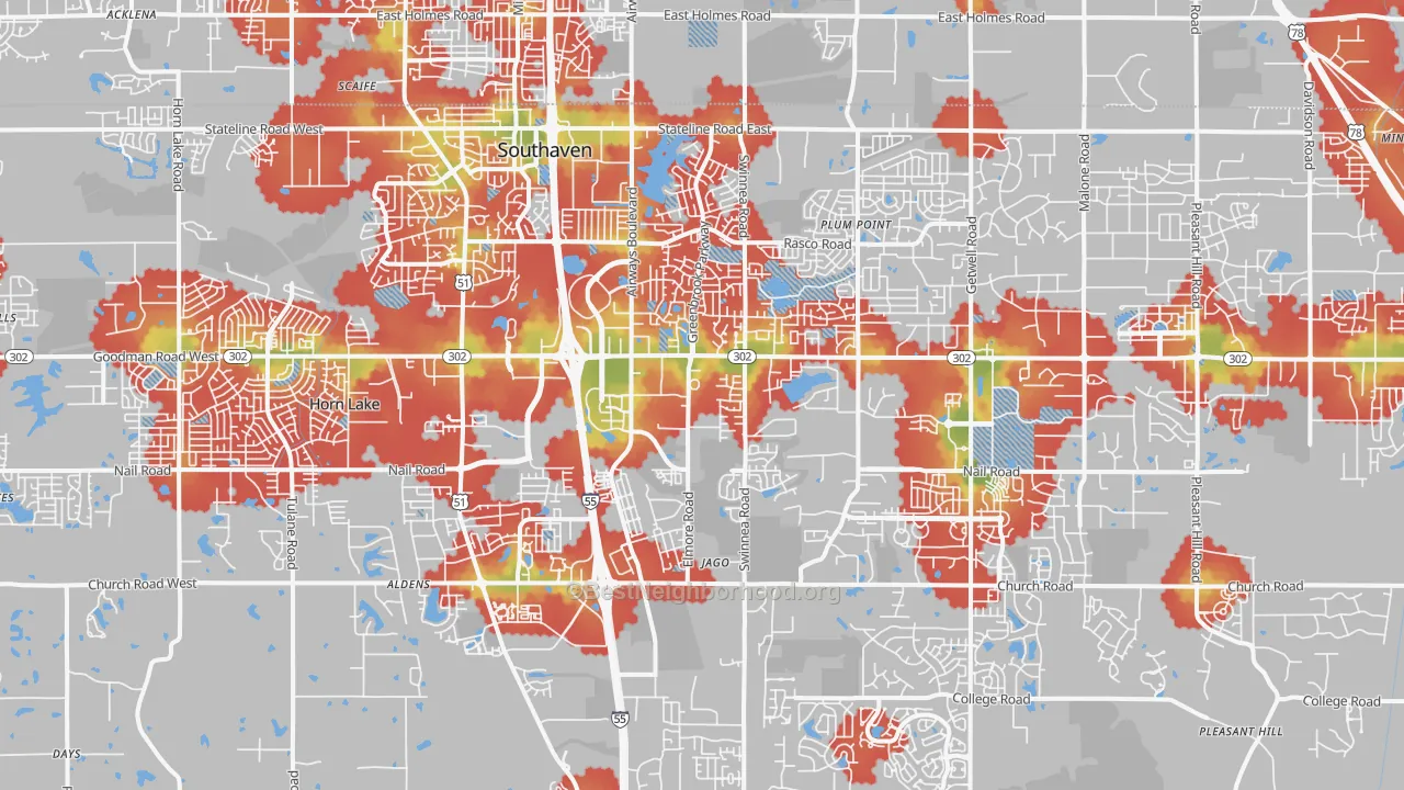 Walk Grade map of Southaven, MS, walkable areas in green and car-dependent areas in red
