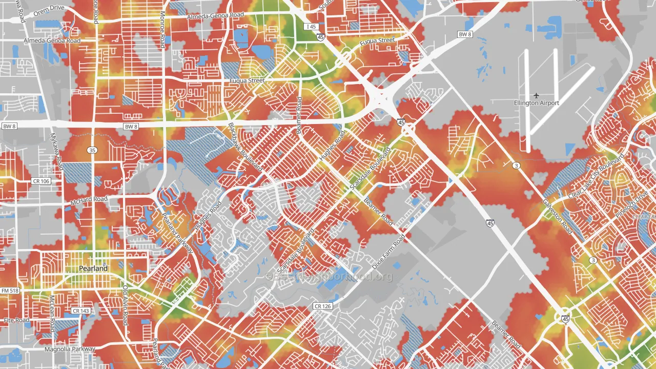 Walk Grade map of Southbelt Ellington, Houston, TX, walkable areas in green and car-dependent areas in red