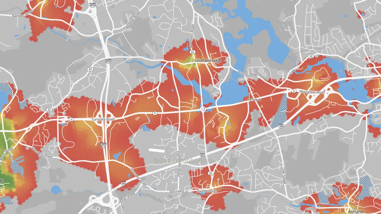 Walk Grade map of Southborough, MA, walkable areas in green and car-dependent areas in red