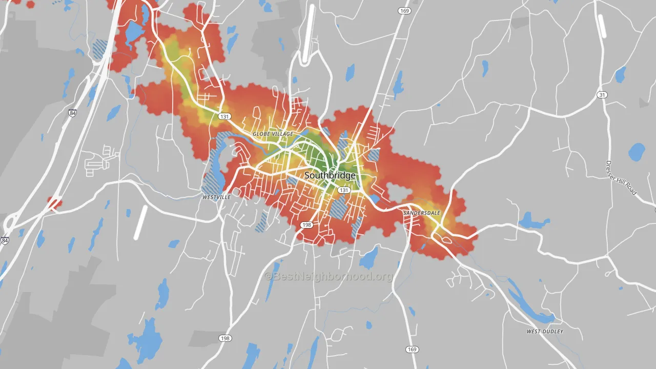 Walk Grade map of Southbridge Town, MA, walkable areas in green and car-dependent areas in red