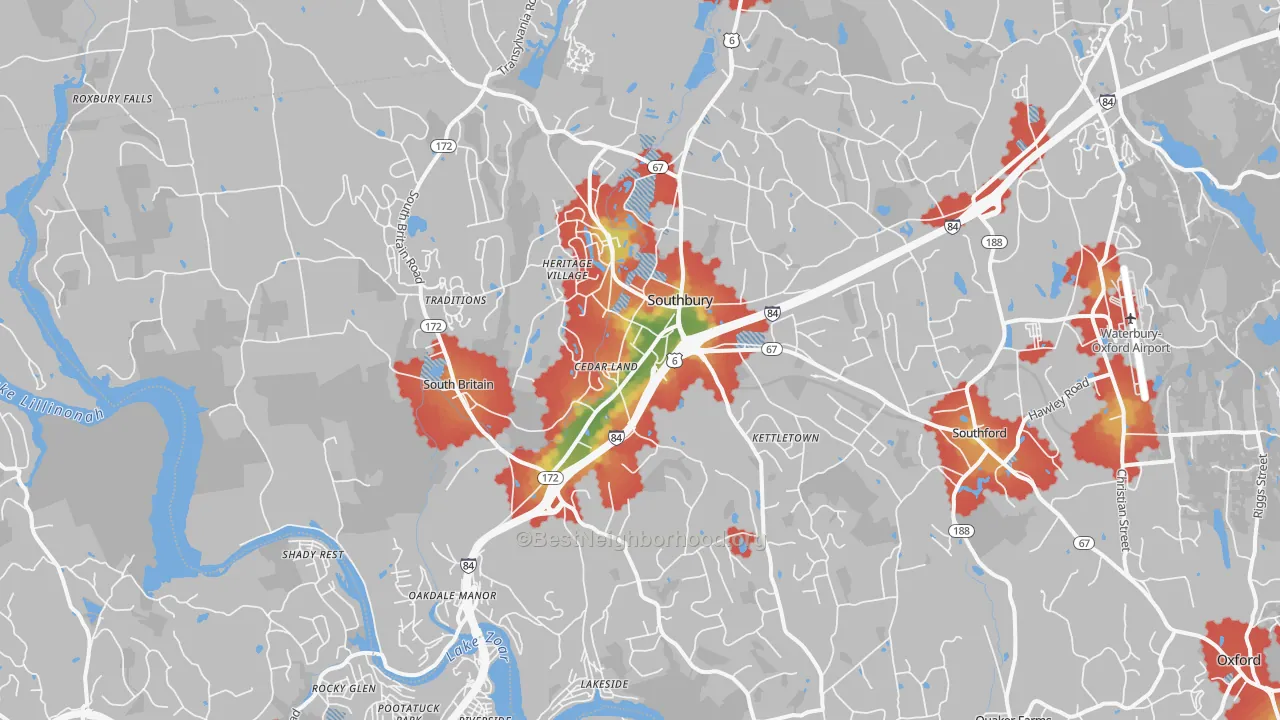 Walk Grade map of Southbury, CT, walkable areas in green and car-dependent areas in red