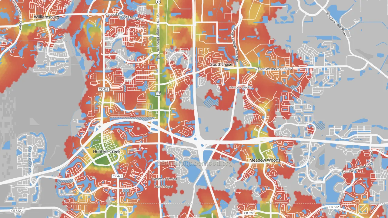Walk Grade map of Southchase, FL, walkable areas in green and car-dependent areas in red