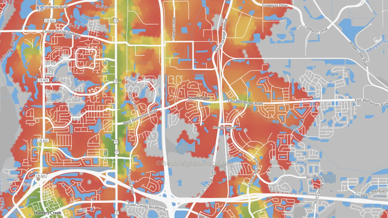 Walk Grade map of Southchase Village, Southchase, FL, walkable areas in green and car-dependent areas in red