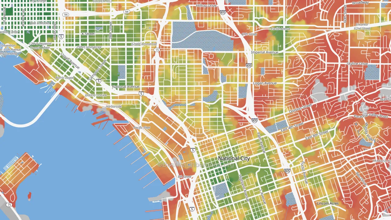 Walk Grade map of Southcrest, San Diego, CA, walkable areas in green and car-dependent areas in red