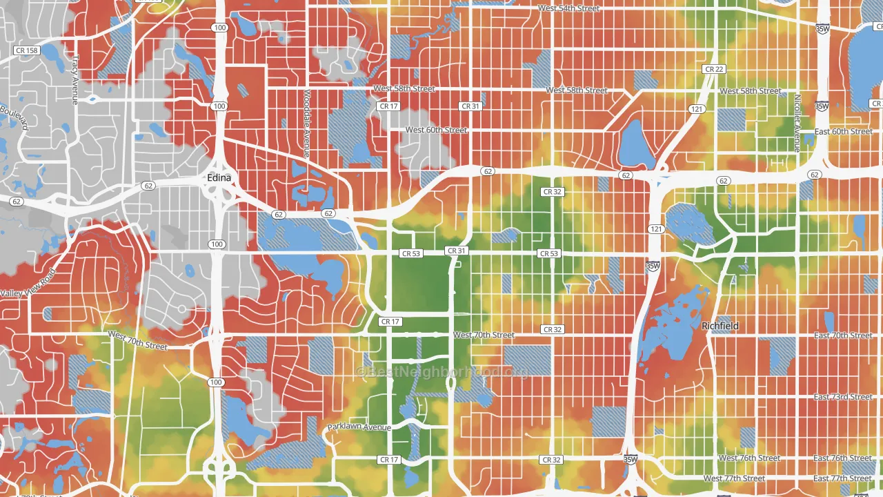 Walk Grade map of Southdale, Edina, MN, walkable areas in green and car-dependent areas in red