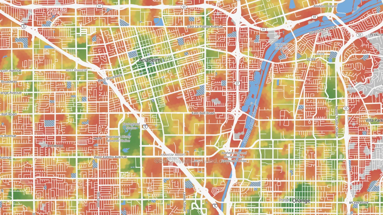 Walk Grade map of Southeast, Anaheim, CA, walkable areas in green and car-dependent areas in red