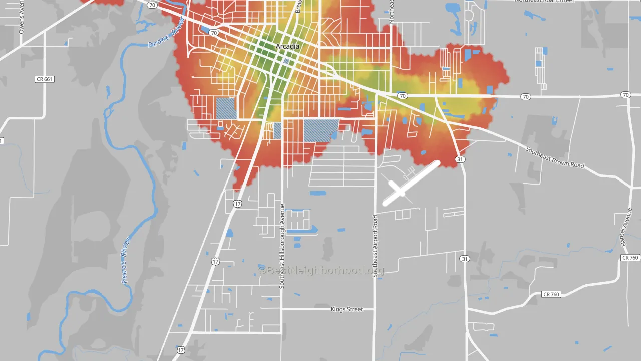 Walk Grade map of Southeast Arcadia, FL, walkable areas in green and car-dependent areas in red