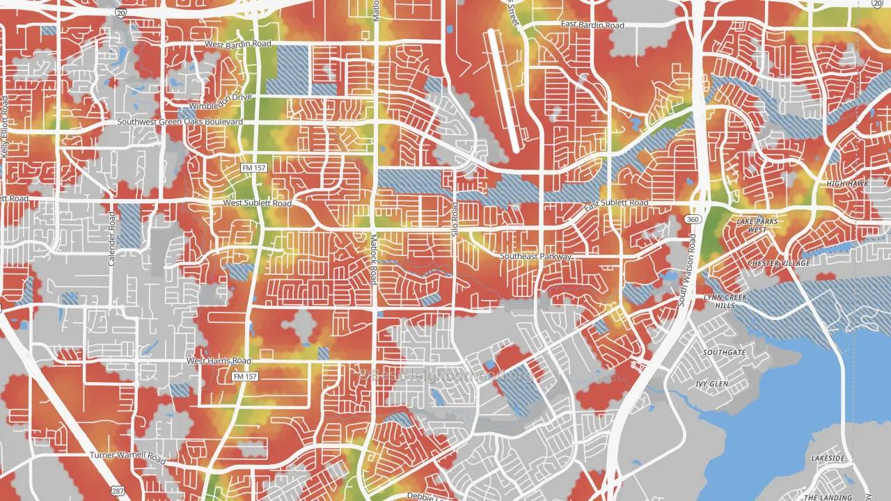 Walk Grade map of Southeast Arlington, Arlington, TX, walkable areas in green and car-dependent areas in red