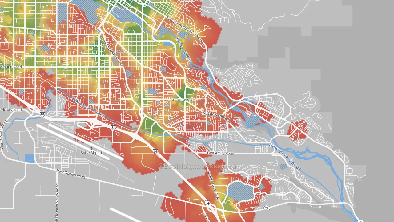 Walk Grade map of Southeast Boise, Boise, ID, walkable areas in green and car-dependent areas in red