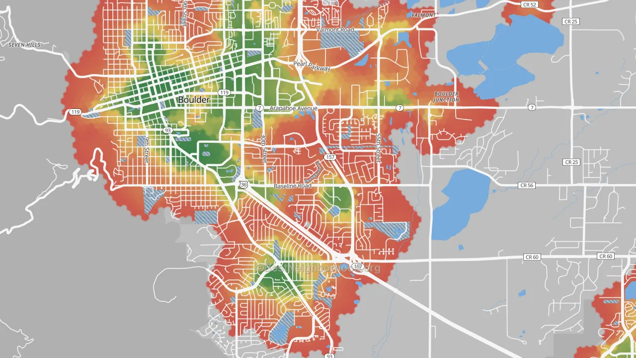 Walk Grade map of Southeast Boulder, Boulder, CO, walkable areas in green and car-dependent areas in red