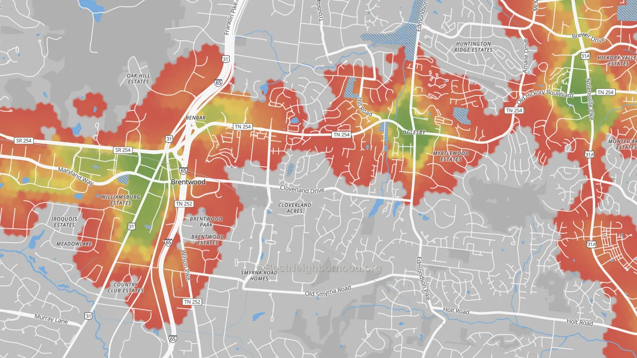 Walk Grade map of Southeast, Brentwood, TN, walkable areas in green and car-dependent areas in red