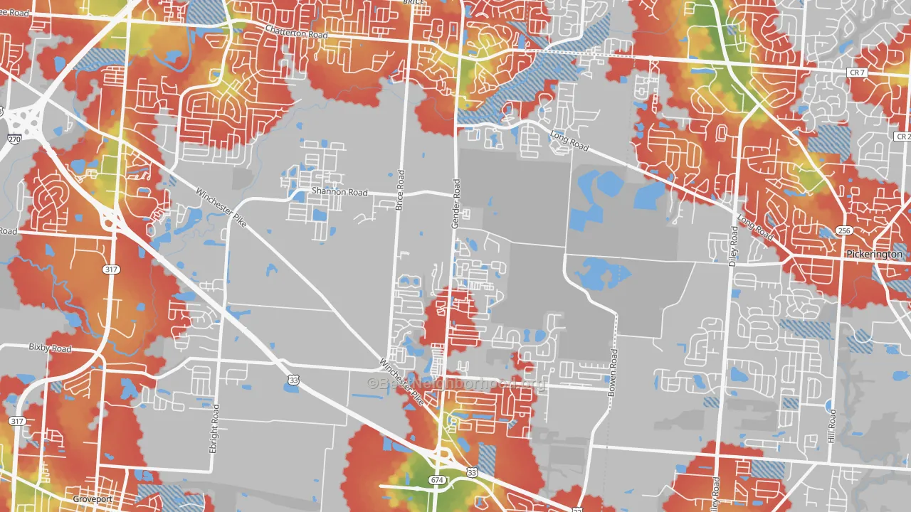 Walk Grade map of Southeast, Canal Winchester, OH, walkable areas in green and car-dependent areas in red