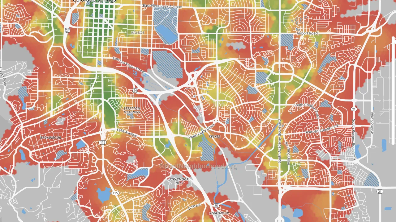 Walk Grade map of Southeast Colorado Springs, Colorado Springs, CO, walkable areas in green and car-dependent areas in red
