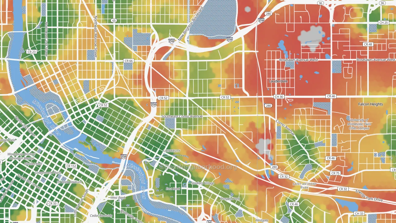 Walk Grade map of Southeast Como, Minneapolis, MN, walkable areas in green and car-dependent areas in red
