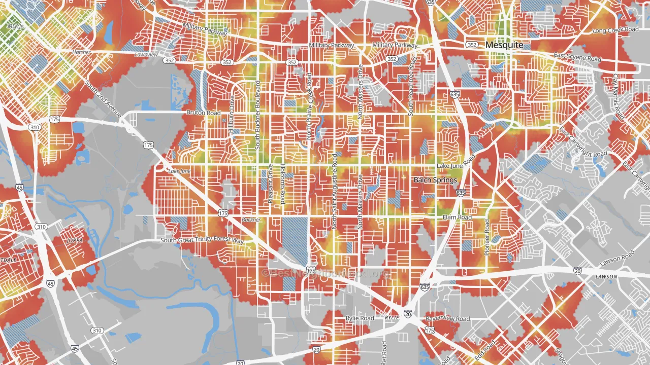 Walk Grade map of Southeast Dallas, Dallas, TX, walkable areas in green and car-dependent areas in red