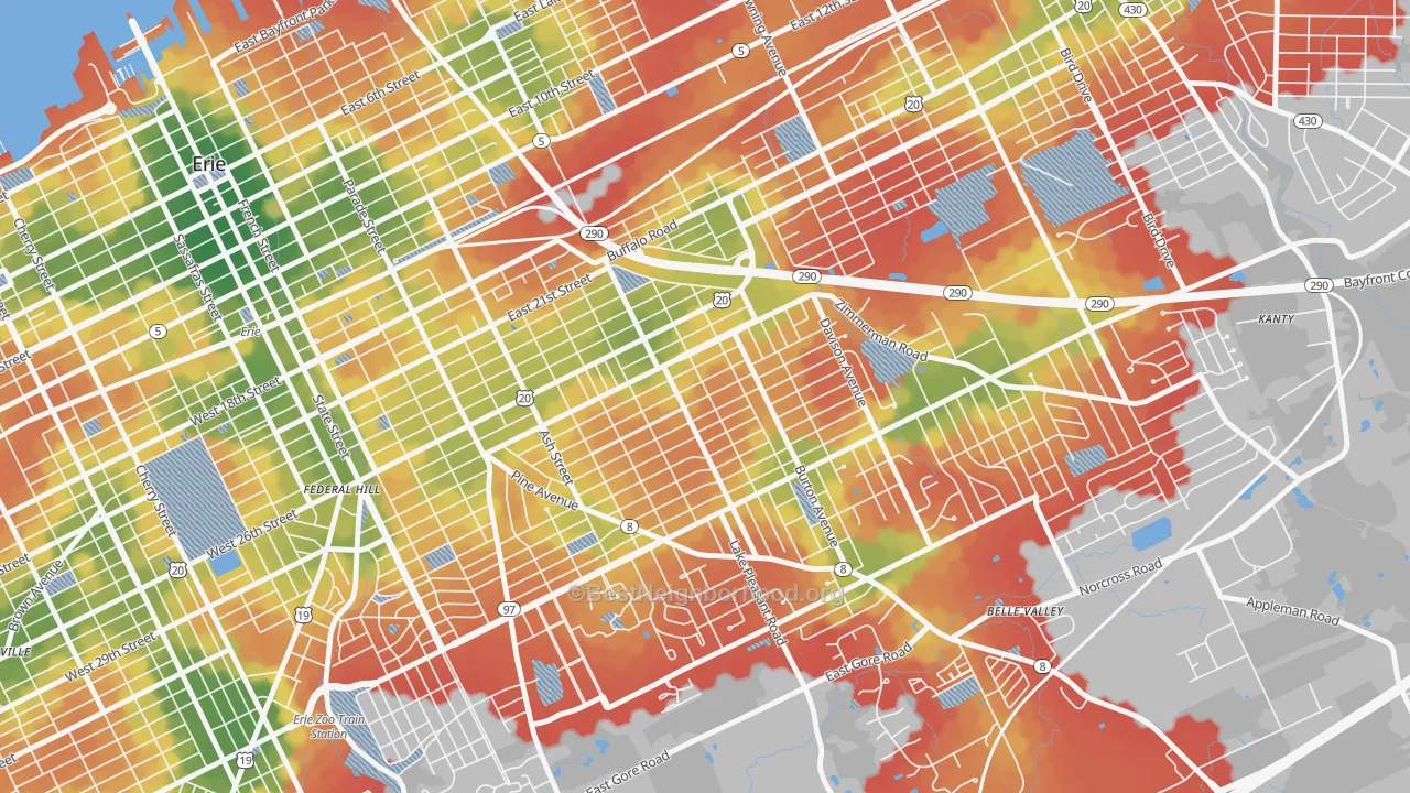 Walk Grade map of Southeast Erie, Erie, PA, walkable areas in green and car-dependent areas in red