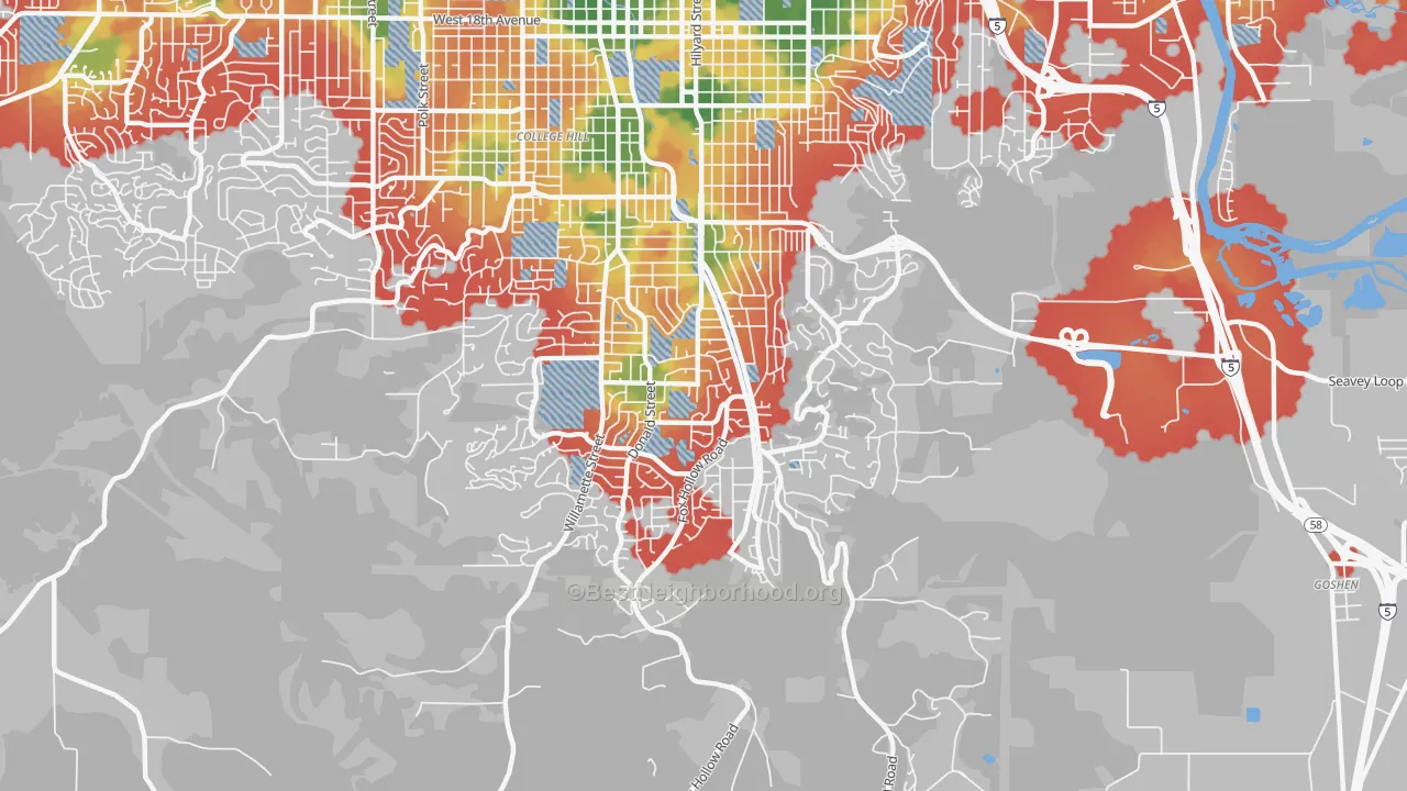 Walk Grade map of Southeast, Eugene, OR, walkable areas in green and car-dependent areas in red