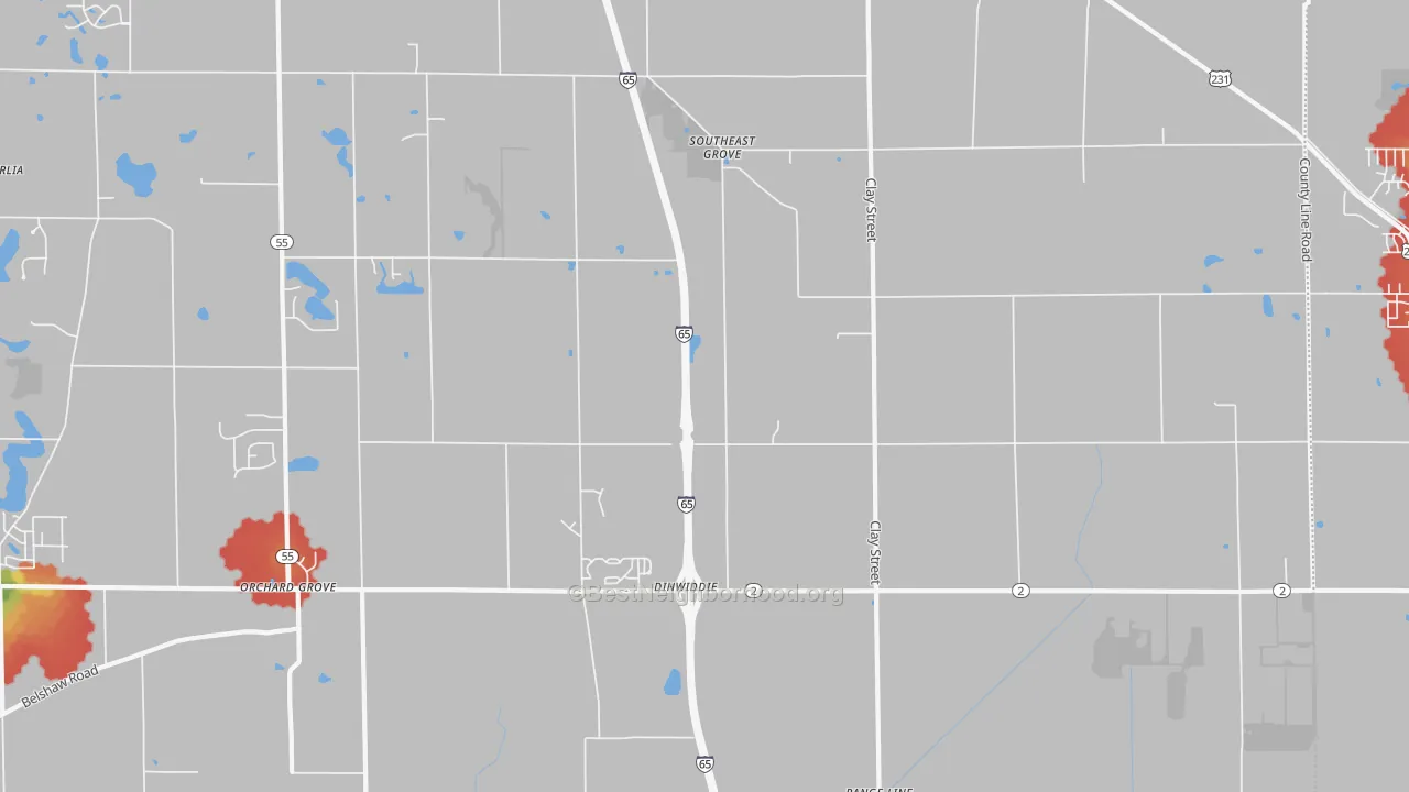 Walk Grade map of Southeast Grove, IN, walkable areas in green and car-dependent areas in red