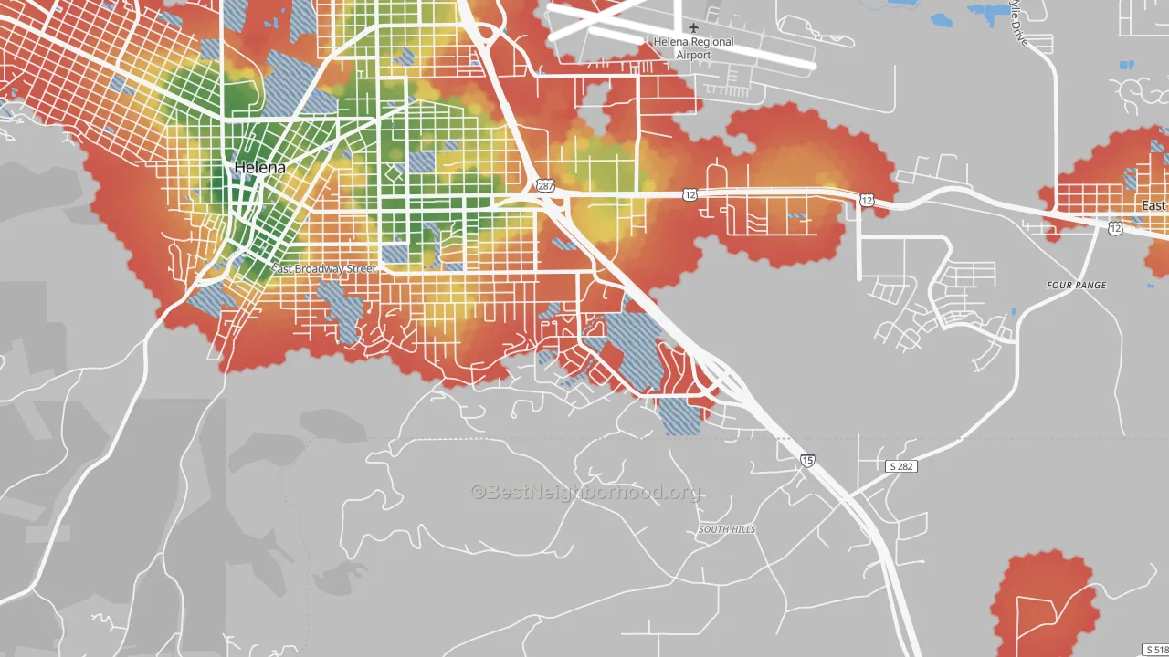 Walk Grade map of Southeast, Helena, MT, walkable areas in green and car-dependent areas in red