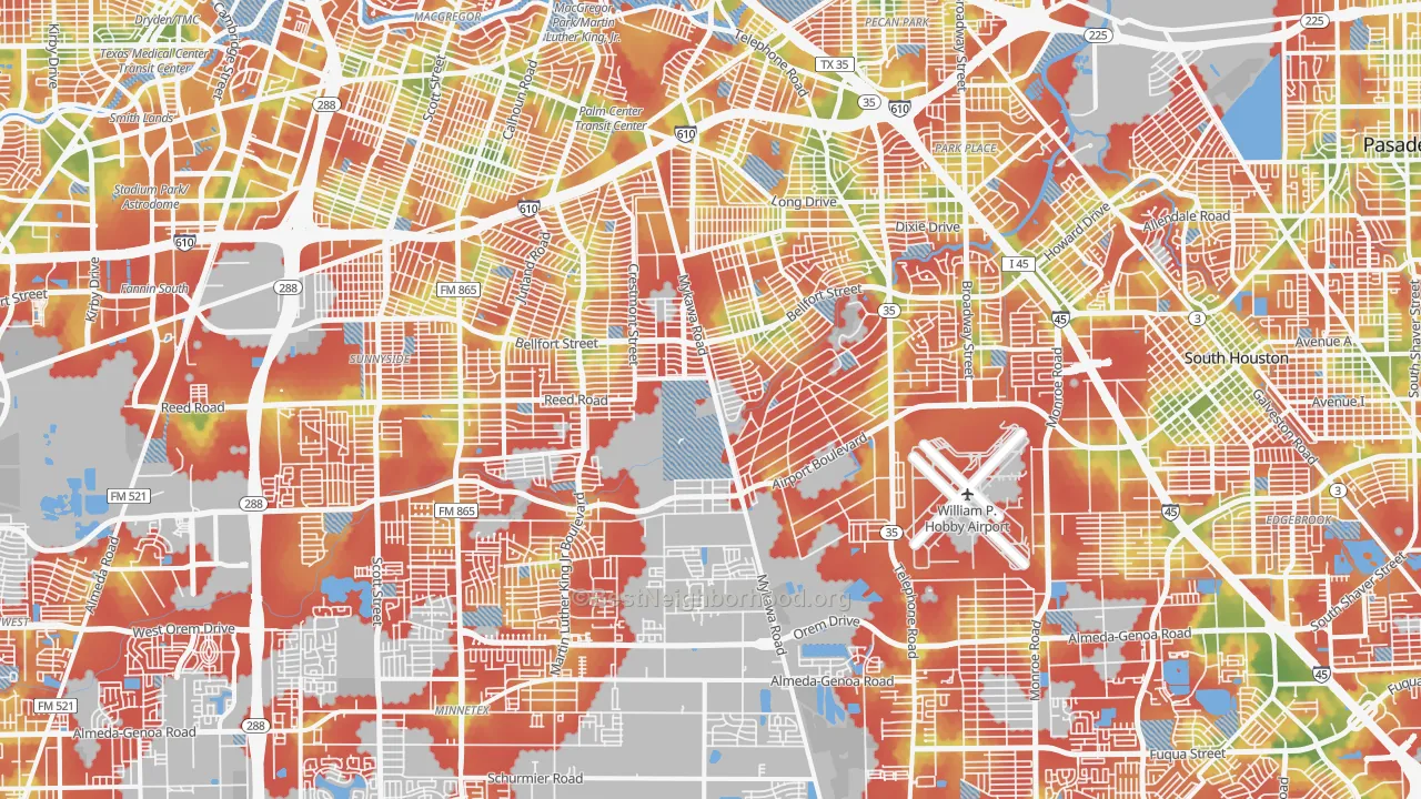 Walk Grade map of Southeast, Houston, TX, walkable areas in green and car-dependent areas in red