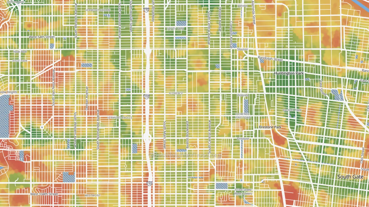 Walk Grade map of Southeast Los Angeles, Los Angeles, CA, walkable areas in green and car-dependent areas in red