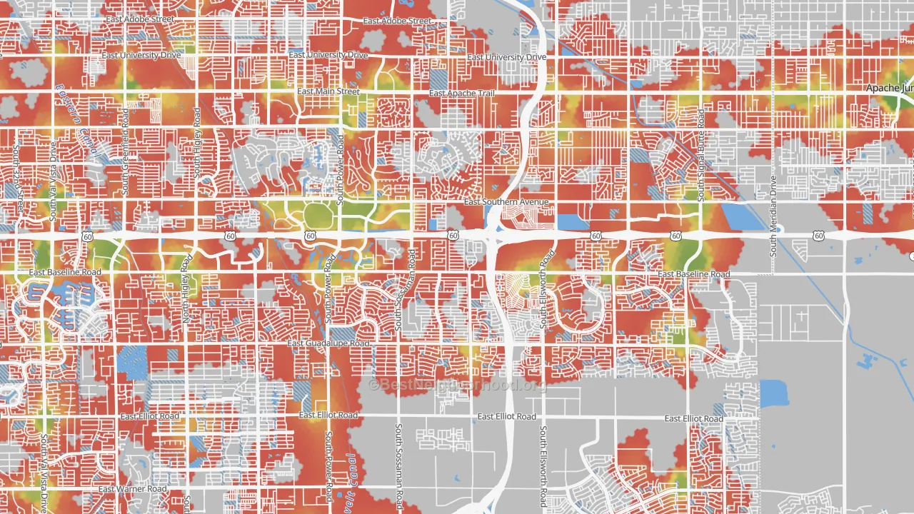 Walk Grade map of Southeast Mesa, Mesa, AZ, walkable areas in green and car-dependent areas in red