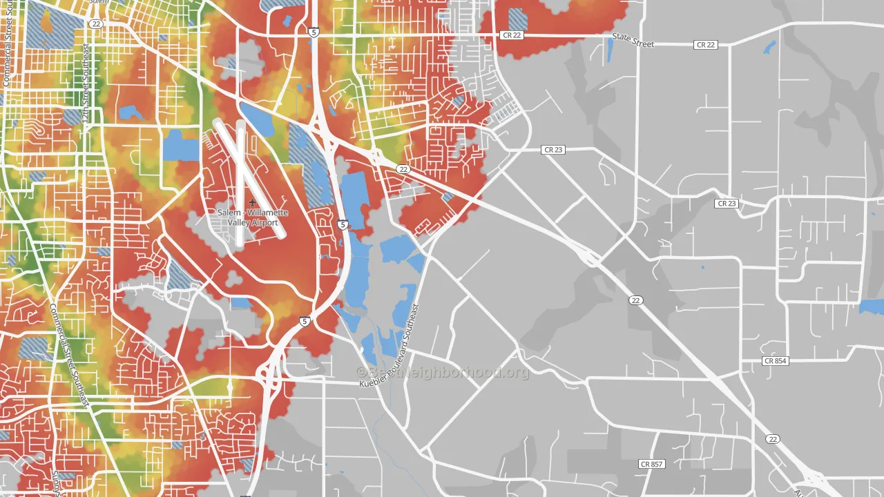 Walk Grade map of Southeast Mill Creek, Salem, OR, walkable areas in green and car-dependent areas in red