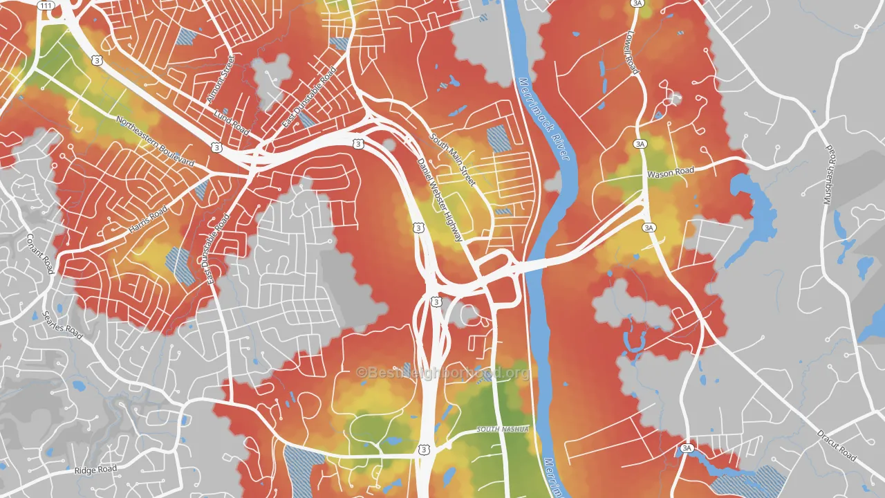 Walk Grade map of Southeast Nashua, Nashua, NH, walkable areas in green and car-dependent areas in red