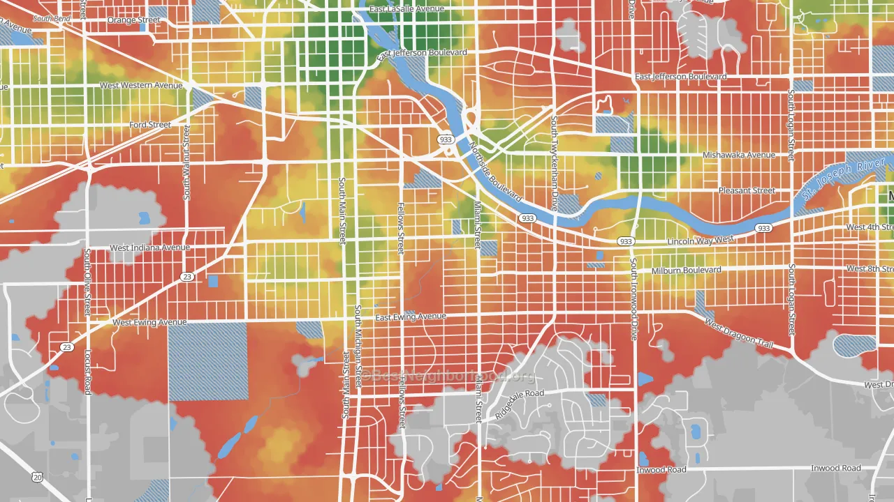 Walk Grade map of Southeast Quality, South Bend, IN, walkable areas in green and car-dependent areas in red