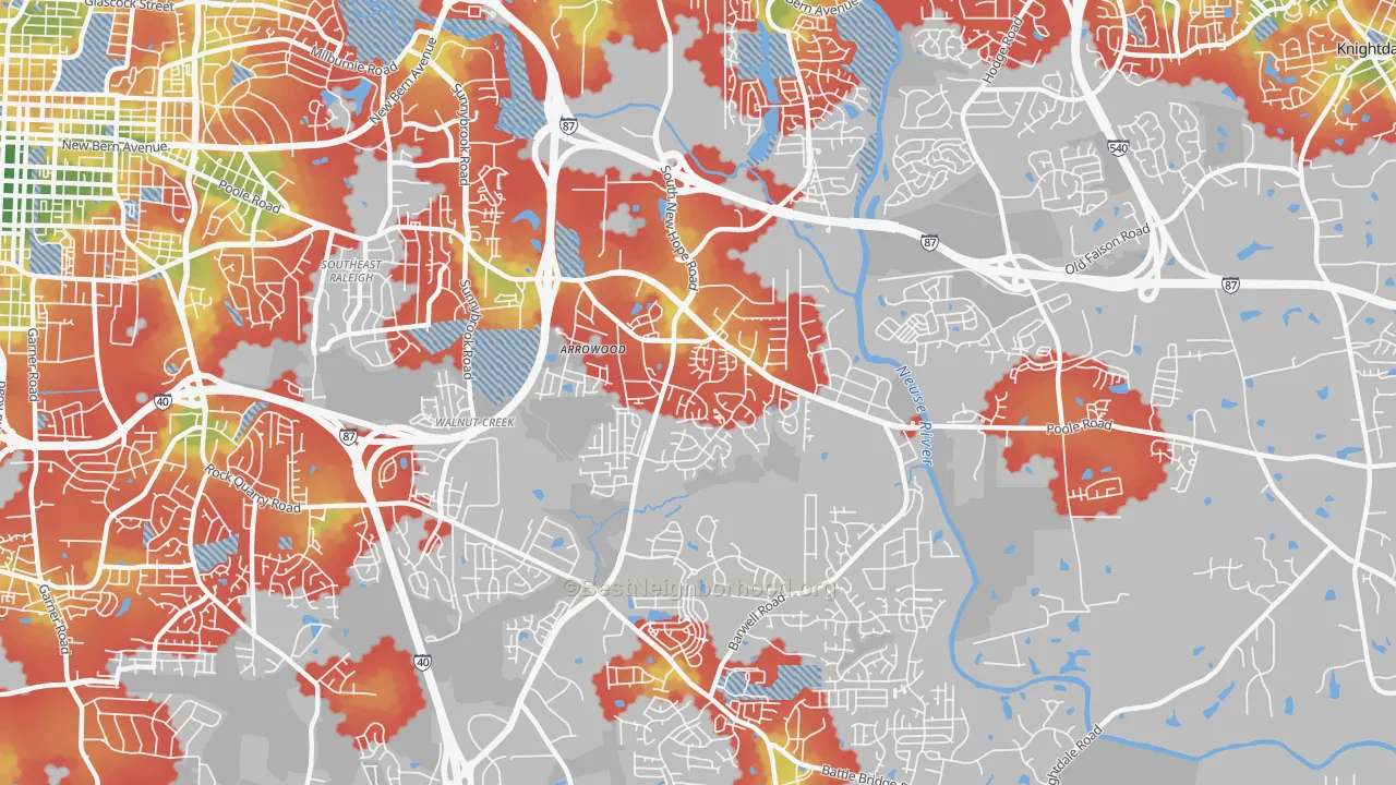 Walk Grade map of Southeast, Raleigh, NC, walkable areas in green and car-dependent areas in red