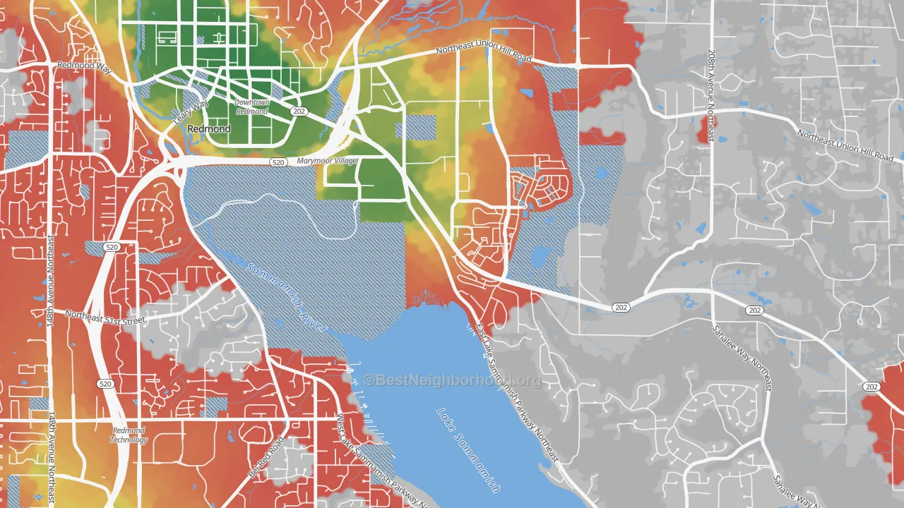 Walk Grade map of Southeast Redmond, Redmond, WA, walkable areas in green and car-dependent areas in red