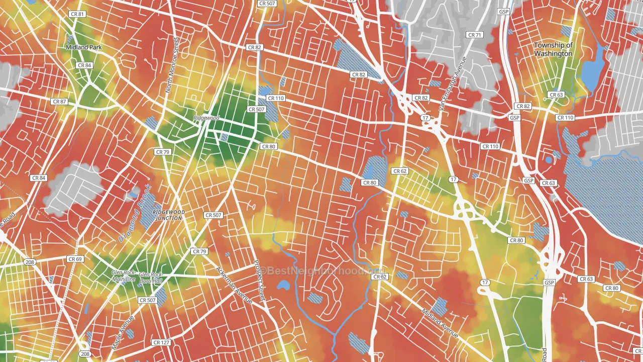 Walk Grade map of Southeast Ridgewood, Ridgewood, NJ, walkable areas in green and car-dependent areas in red