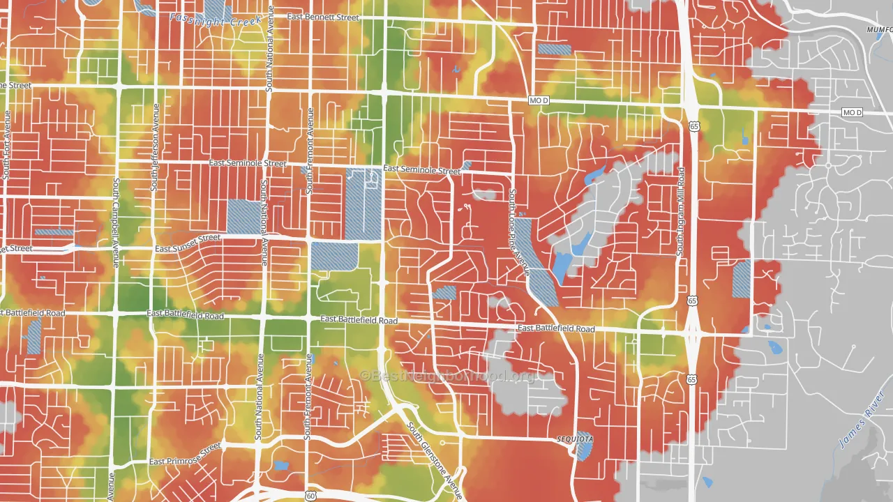 Walk Grade map of Southeast Springfield, Springfield, MO, walkable areas in green and car-dependent areas in red