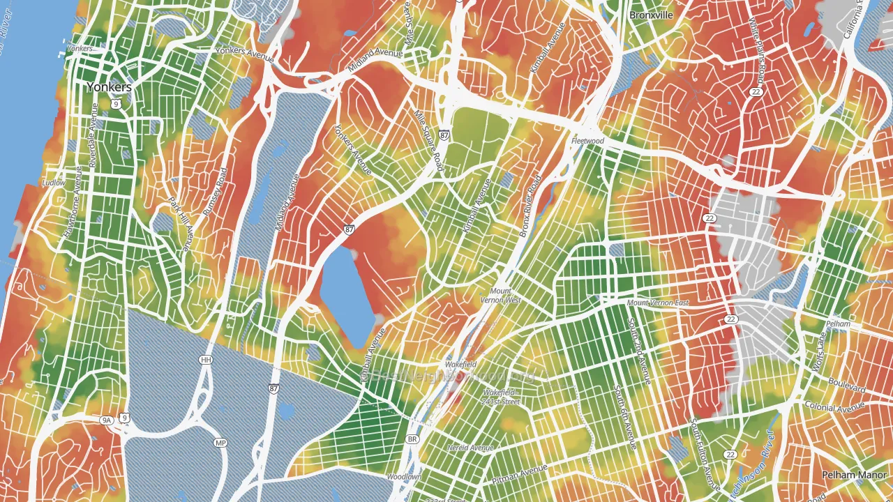 Walk Grade map of Southeast Yonkers, Yonkers, NY, walkable areas in green and car-dependent areas in red