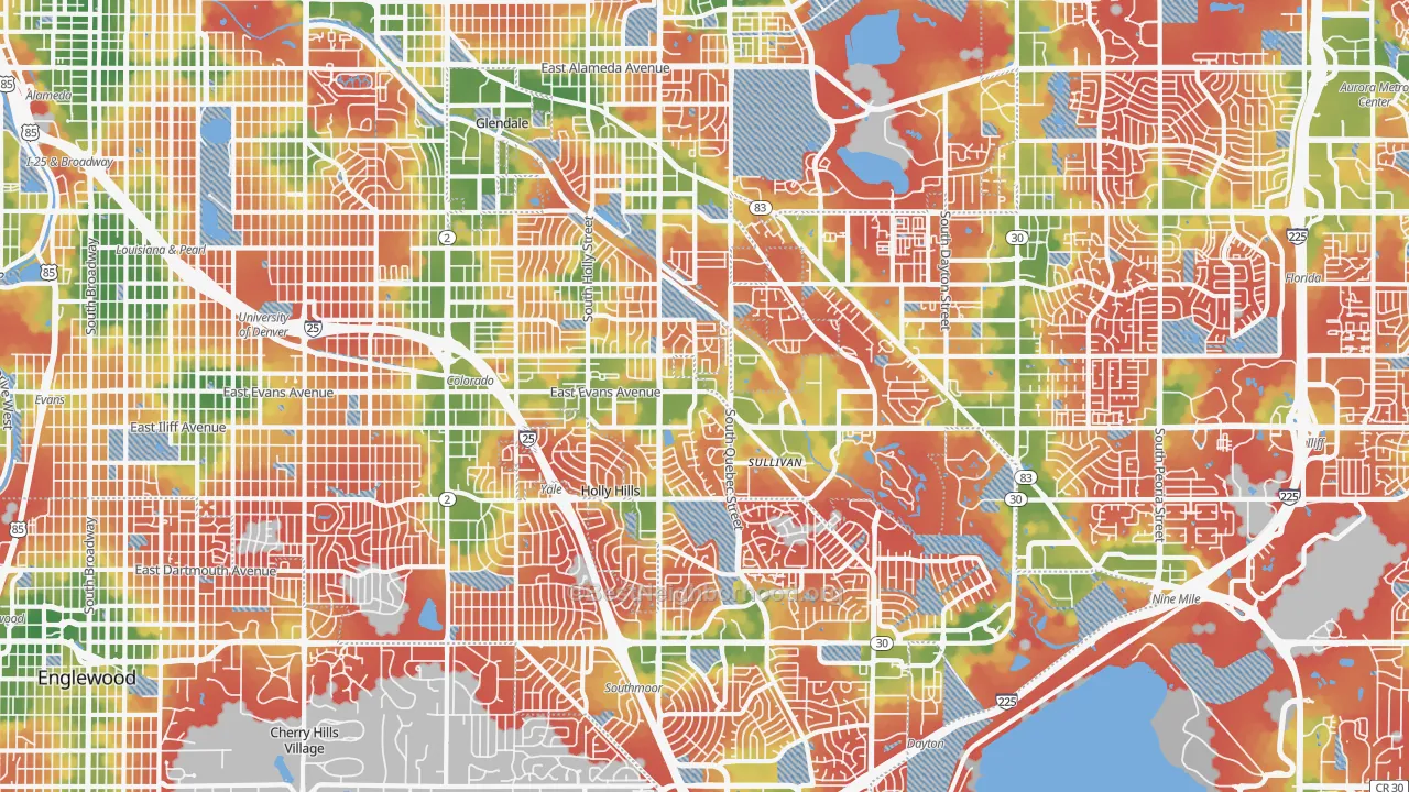 Walk Grade map of Southeastern Denver, Denver, CO, walkable areas in green and car-dependent areas in red