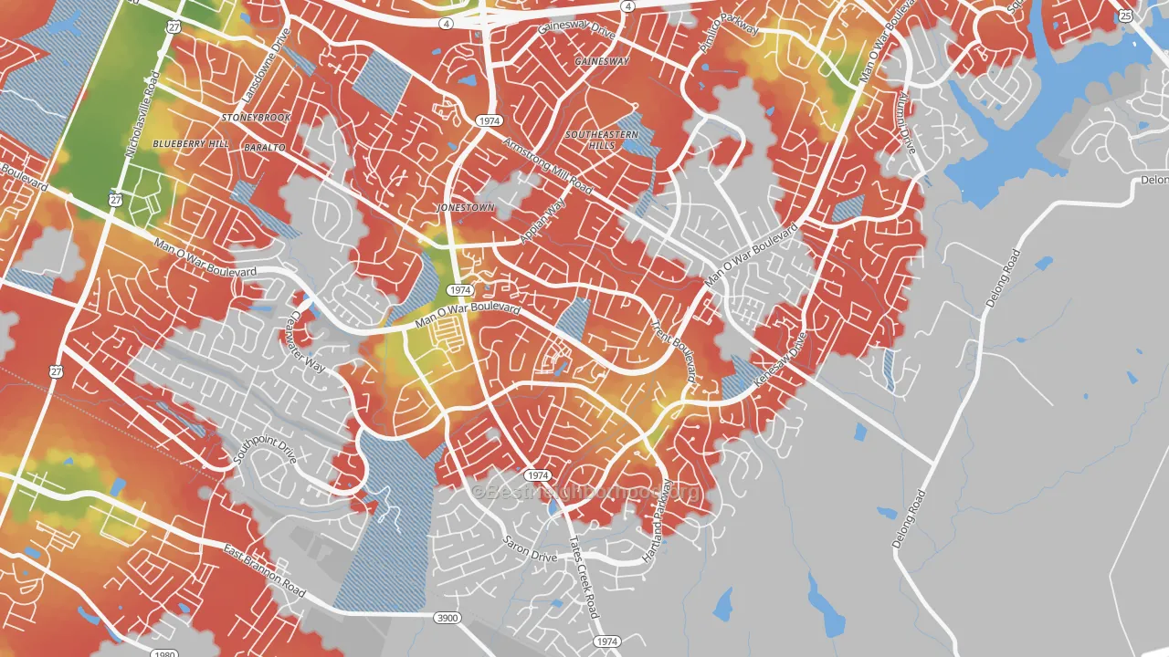 Walk Grade map of Southeastern Hills, Lexington, KY, walkable areas in green and car-dependent areas in red