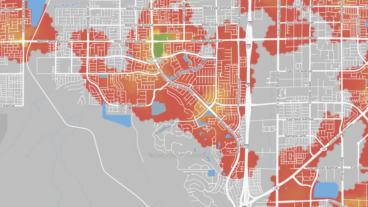 Walk Grade map of Southern Highlands, Enterprise, NV, walkable areas in green and car-dependent areas in red