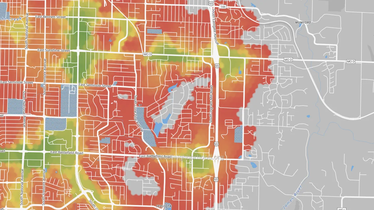 Walk Grade map of Southern Hills, Springfield, MO, walkable areas in green and car-dependent areas in red