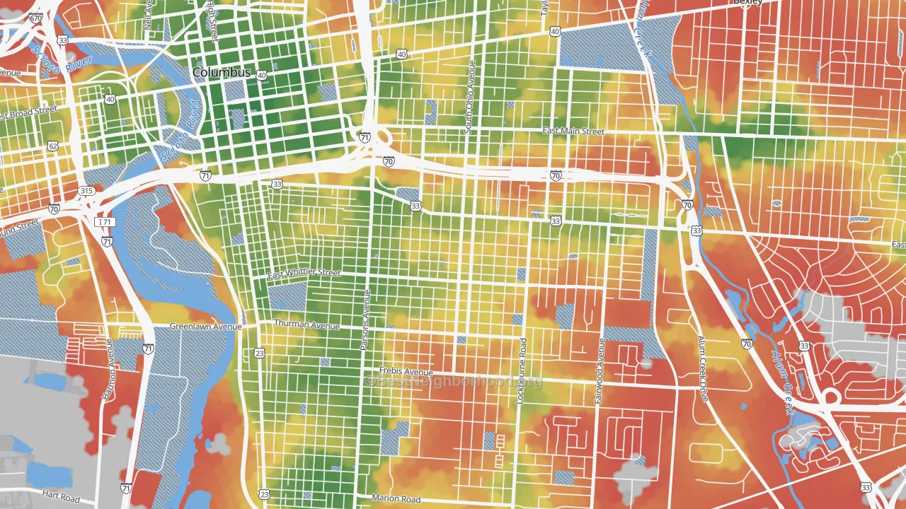 Walk Grade map of Southern Orchards, Columbus, OH, walkable areas in green and car-dependent areas in red